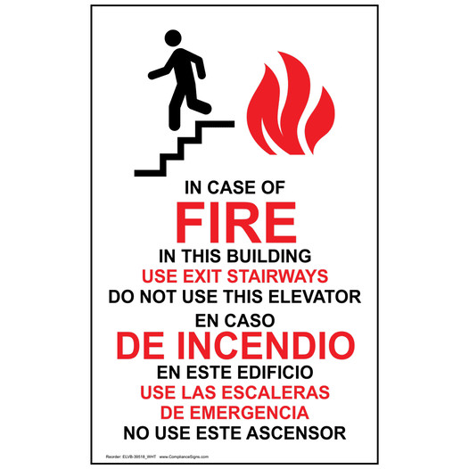 White In Case Of Fire In This Building Use Exit Stairways Bilingual Sign ELVB-39518_WHT