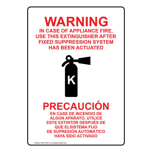 Warning In Case Of Appliance Fire, Use This Extinguisher Bilingual Sign NHB-18193