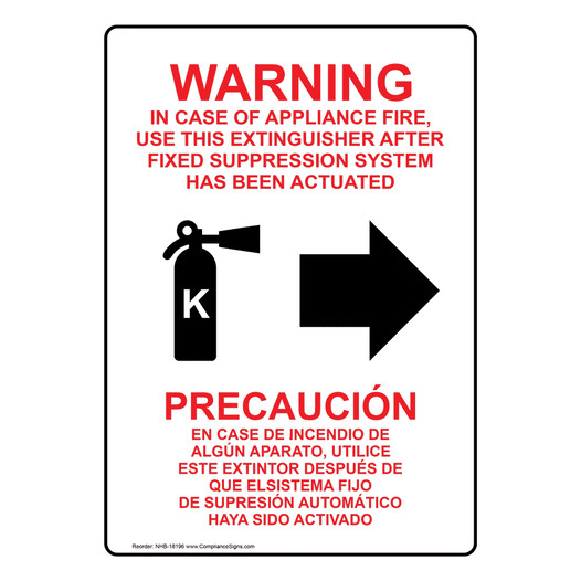 Warning In Case Of Appliance Fire, Use This Extinguisher With Right Arrow Bilingual Sign NHB-18196