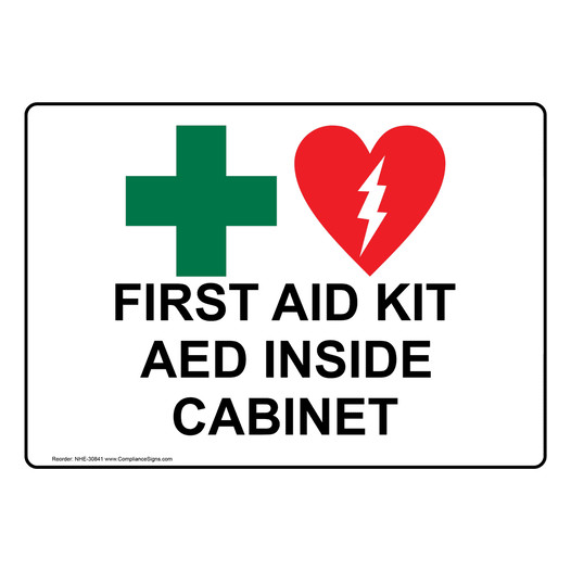 First Aid Kit AED Inside Cabinet Sign With Symbol NHE-30841