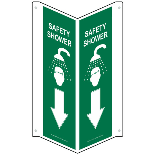 Green Triangle-Mount SAFETY SHOWER Sign With Symbol NHE-7580Tri