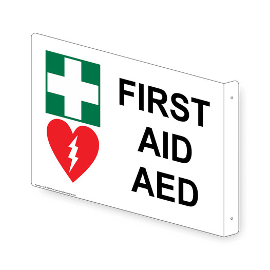 Projection-Mount White FIRST AID AED Sign With Symbol NHE-7622Proj