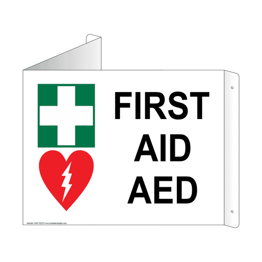 White Triangle-Mount FIRST AID AED Sign With Symbol NHE-7622Tri