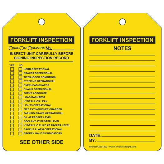 Yellow FORKLIFT INSPECTION - INSPECT UNIT CAREFULLY Status / Inspection Tag CS501202