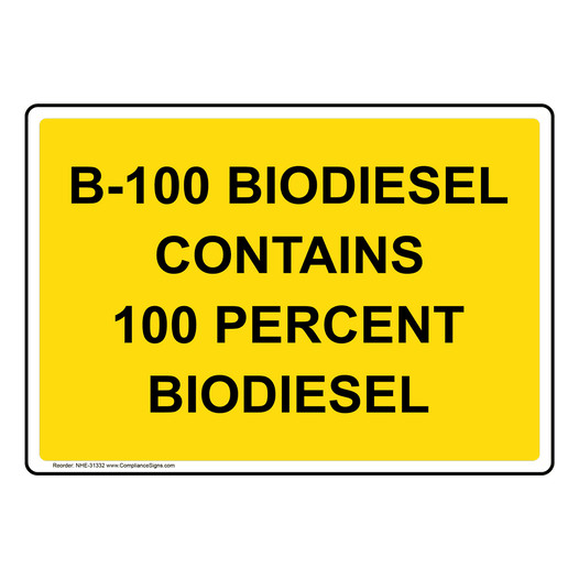 B-100 Biodiesel Contains 100 Percent Biodiesel Sign NHE-31332