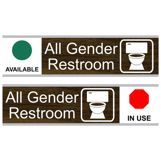 Walnut All Gender Restroom (Available/In Use) Sliding Engraved Sign EGRE-25524-SYM-SLIDE_White_on_Walnut
