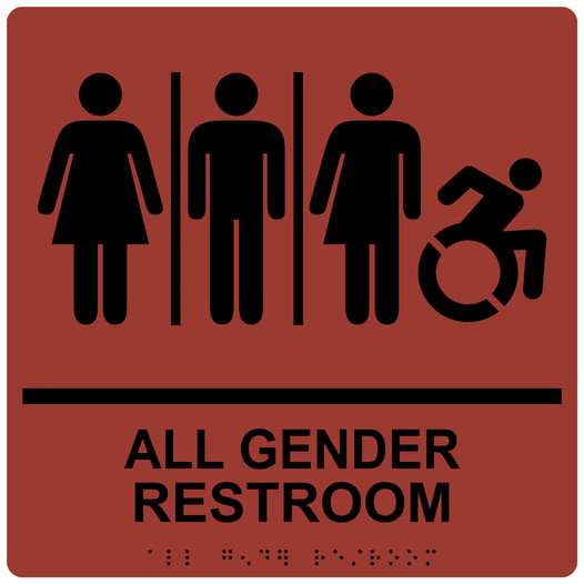 Square Canyon Braille ALL GENDER RESTROOM Sign with Dynamic Accessibility Symbol RRE-25416R-99_Black_on_Canyon