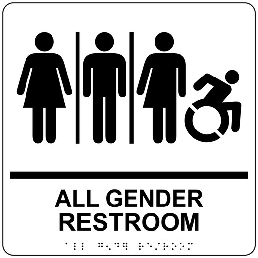 Square White Braille ALL GENDER RESTROOM Sign with Dynamic Accessibility Symbol RRE-25416R-99_Black_on_White