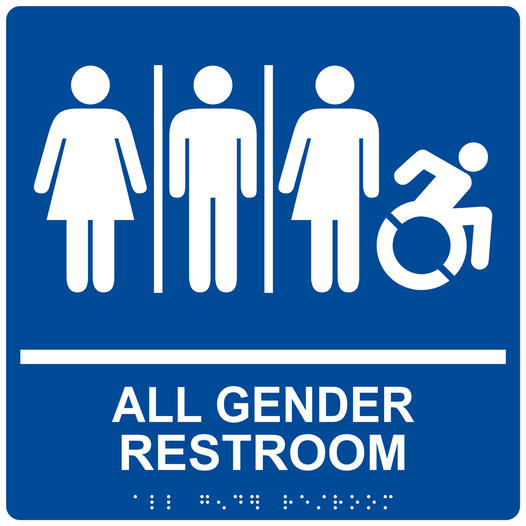 Square Blue Braille ALL GENDER RESTROOM Sign with Dynamic Accessibility Symbol RRE-25416R-99_White_on_Blue