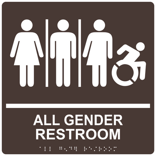 Square Dark Brown Braille ALL GENDER RESTROOM Sign with Dynamic Accessibility Symbol RRE-25416R-99_White_on_DarkBrown