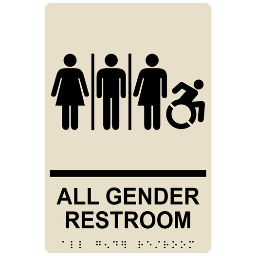 Almond Braille ALL GENDER RESTROOM Sign with Dynamic Accessibility Symbol RRE-25416R_Black_on_Almond