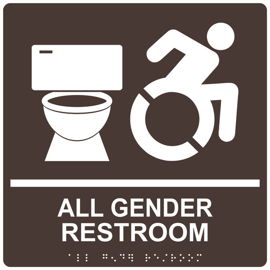 Square Dark Brown Braille ALL GENDER RESTROOM Sign with Dynamic Accessibility Symbol RRE-25425R-99_White_on_DarkBrown