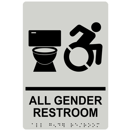 Pearl Gray Braille ALL GENDER RESTROOM Sign with Dynamic Accessibility Symbol RRE-25425R_Black_on_PearlGray