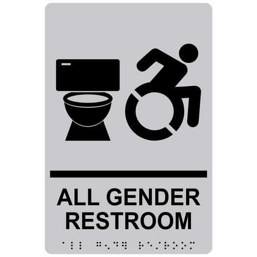 Silver Braille ALL GENDER RESTROOM Sign with Dynamic Accessibility Symbol RRE-25425R_Black_on_Silver