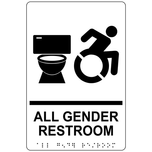 White Braille ALL GENDER RESTROOM Sign with Dynamic Accessibility Symbol RRE-25425R_Black_on_White