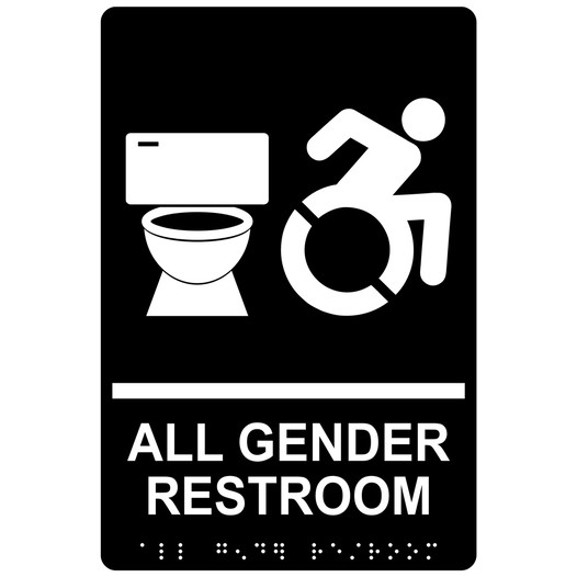 Black Braille ALL GENDER RESTROOM Sign with Dynamic Accessibility Symbol RRE-25425R_White_on_Black