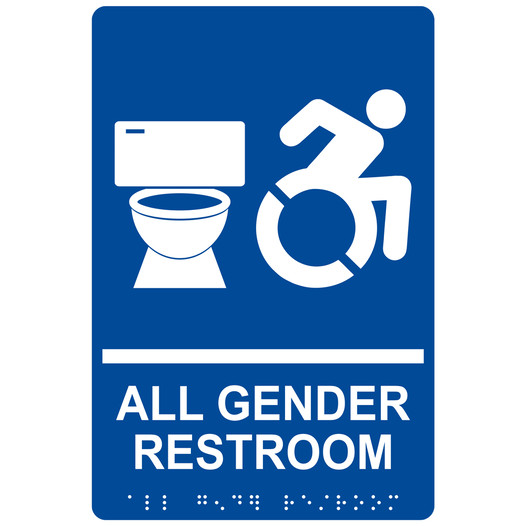 Blue Braille ALL GENDER RESTROOM Sign with Dynamic Accessibility Symbol RRE-25425R_White_on_Blue