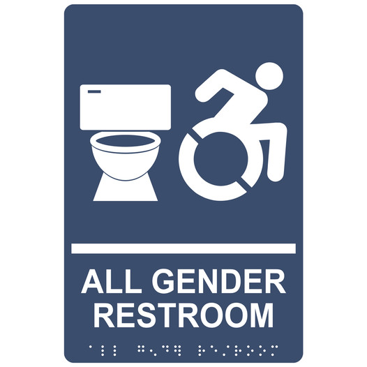 Navy Braille ALL GENDER RESTROOM Sign with Dynamic Accessibility Symbol RRE-25425R_White_on_Navy