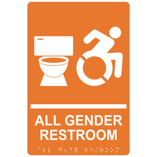 Orange Braille ALL GENDER RESTROOM Sign with Dynamic Accessibility Symbol RRE-25425R_White_on_Orange