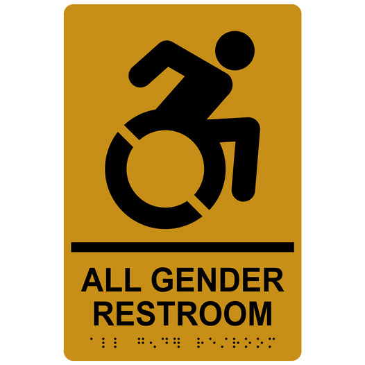 Gold Braille ALL GENDER RESTROOM Sign with Dynamic Accessibility Symbol RRE-35205R-Black_on_Gold