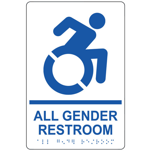 White Braille ALL GENDER RESTROOM Sign with Dynamic Accessibility Symbol RRE-35205R-Blue_on_White