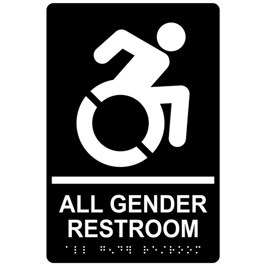 Black Braille ALL GENDER RESTROOM Sign with Dynamic Accessibility Symbol RRE-35205R-White_on_Black