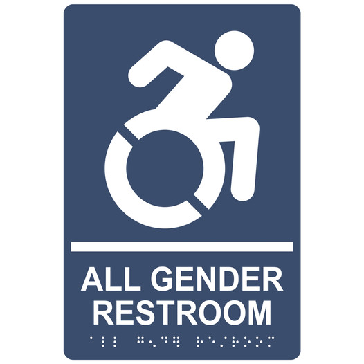 Navy Braille ALL GENDER RESTROOM Sign with Dynamic Accessibility Symbol RRE-35205R-White_on_Navy
