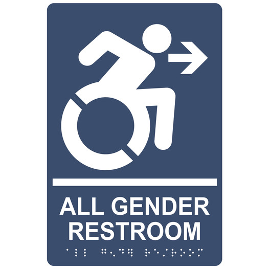 Navy Braille ALL GENDER RESTROOM Right Sign with Dynamic Accessibility Symbol RRE-35206R-White_on_Navy