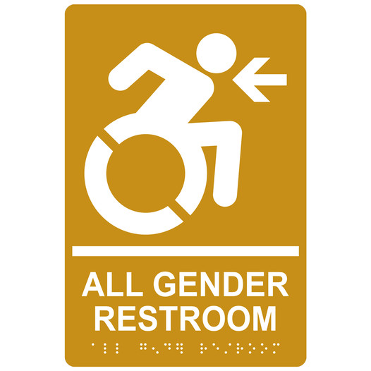 Gold Braille ALL GENDER RESTROOM Left Sign with Dynamic Accessibility Symbol RRE-35207R-White_on_Gold