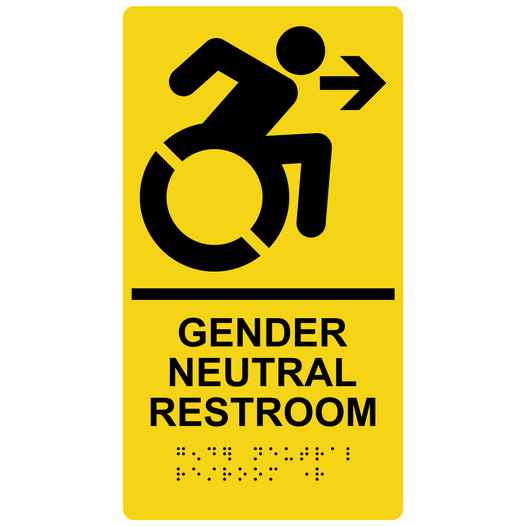 Yellow Braille GENDER NEUTRAL RESTROOM Right Sign with Dynamic Accessibility Symbol RRE-35209R-Black_on_Yellow