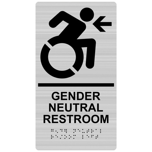 Brushed Silver Braille GENDER NEUTRAL RESTROOM Left Sign with Dynamic Accessibility Symbol RRE-35210R-Black_on_BrushedSilver