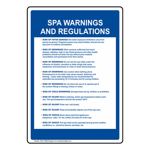 Georgia Spa Warnings And Regulations Sign NHE-15269-Georgia