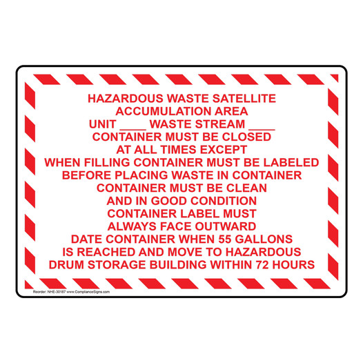 Hazardous Waste Satellite Accumulation Area Unit Sign NHE-30187
