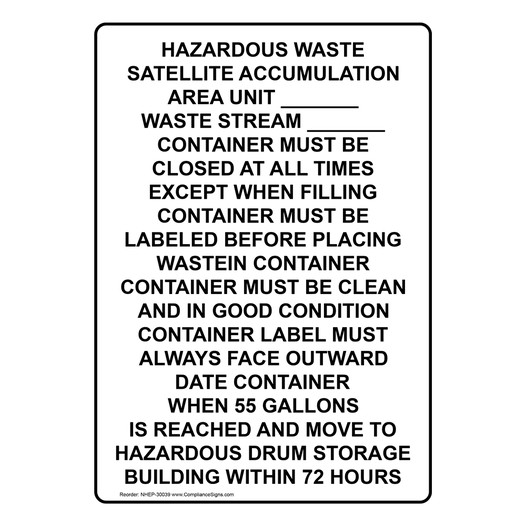 Vertical Sign Custom Hazardous Waste Satellite Accumulation