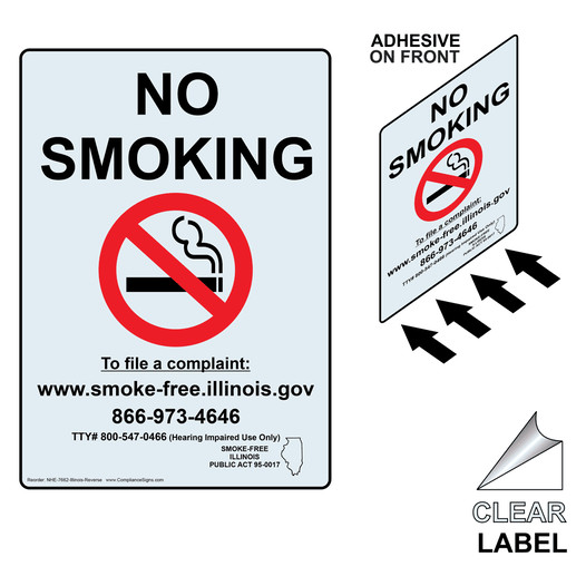 Illinois No Smoking To File A Complaint Label With Front Adhesive NHE-7662-Illinois-Reverse