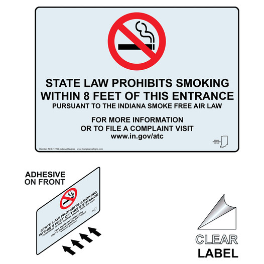 Indiana Prohibits Smoking 8 Feet Of Entrance Label With Front Adhesive NHE-17299-Indiana-Reverse