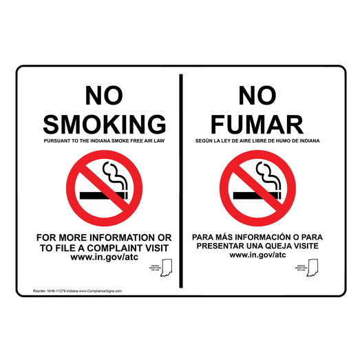 Indiana No Smoking Smoke Free Air Law Bilingual Sign NHB-17279-Indiana