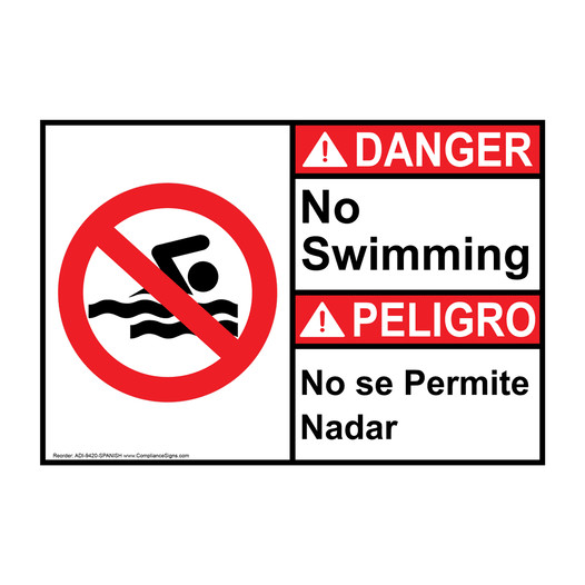 English + Spanish ANSI DANGER No Swimming Sign With Symbol ADI-9420-SPANISH