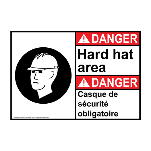 English + French ANSI DANGER Hard Hat Area Sign With Symbol ADI-3445-FRENCH