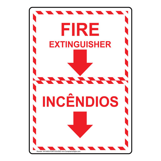 English + Portuguese FIRE EXTINGUISHER Sign With Symbol