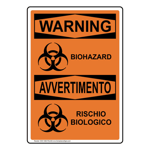 English + Italian OSHA WARNING Biohazard Sign With Symbol OWI-1460-ITALIAN