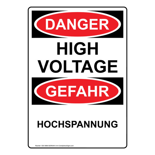 English + German OSHA DANGER High Voltage Sign ODI-3686-GERMAN