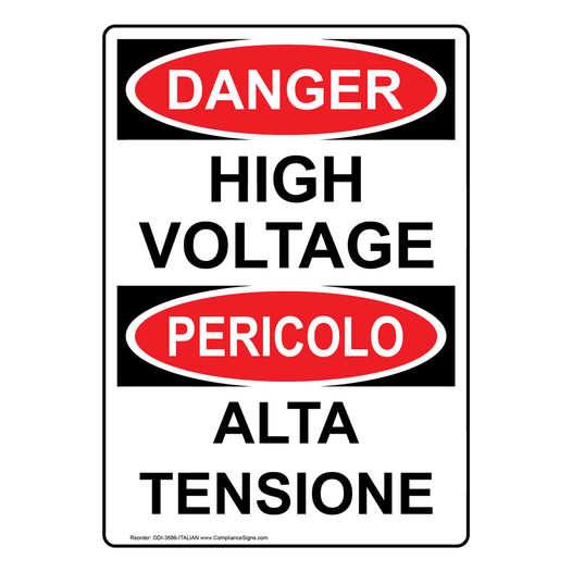 English + Italian OSHA DANGER High Voltage Sign ODI-3686-ITALIAN