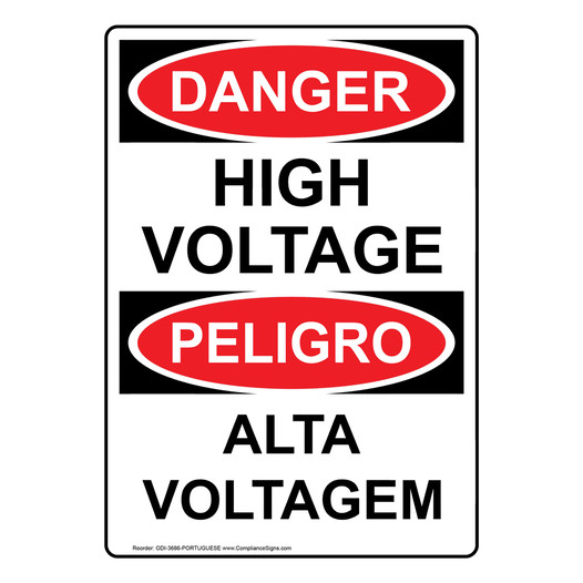 English + Portuguese OSHA DANGER High Voltage Sign ODI-3686-PORTUGUESE