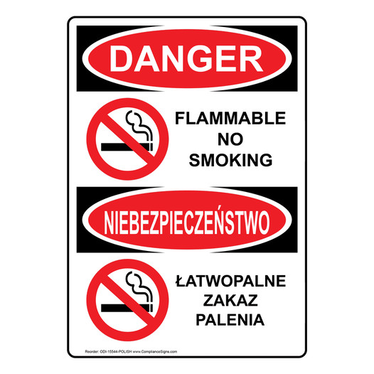 English + Polish OSHA DANGER Flammable No Smoking Sign With Symbol ODI-15544-POLISH