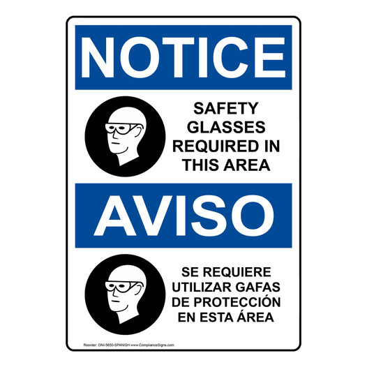 English + Spanish OSHA NOTICE Safety Glasses Required Sign With Symbol