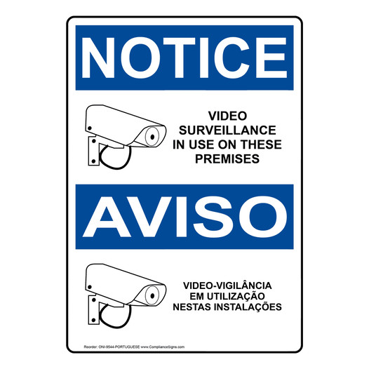 English + Portuguese OSHA NOTICE Video Surveillance On Premises Sign With Symbol - ONI-9544-PORTUGUESE