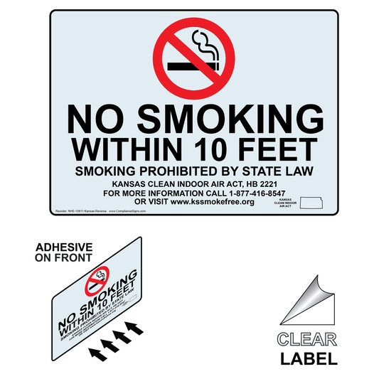 Kansas No Smoking 10 Feet Smoking Prohibited Label With Front Adhesive NHE-10811-Kansas-Reverse