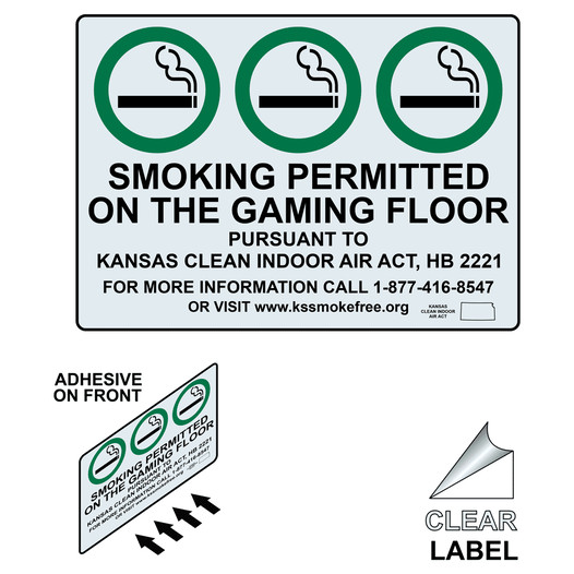 Kansas Smoking Permitted On Gaming Floor Label With Front Adhesive NHE-10826-Kansas-Reverse