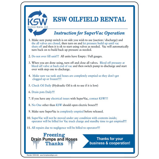 KSW Oilfield Rental Instruction Label KSW-038
